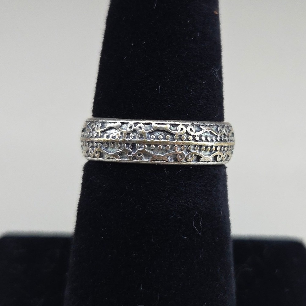 Vintage Style Decorated Beaded Band Ring Silver Tone Oxidized Boho Size 7.5